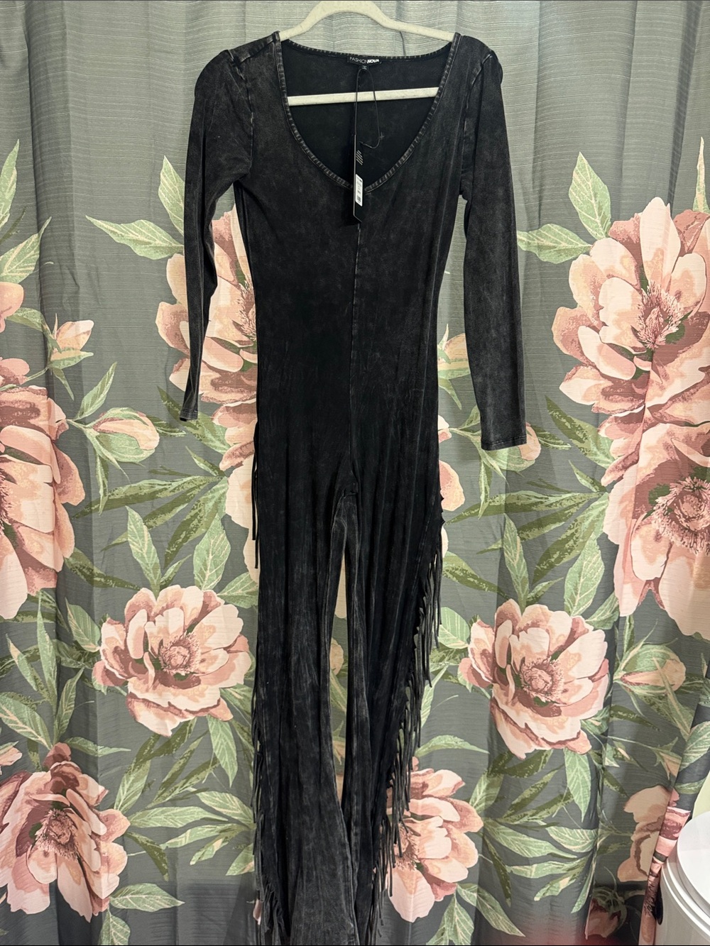 Fashion Nova Black Long-Sleeve Fringe Jumpsuit